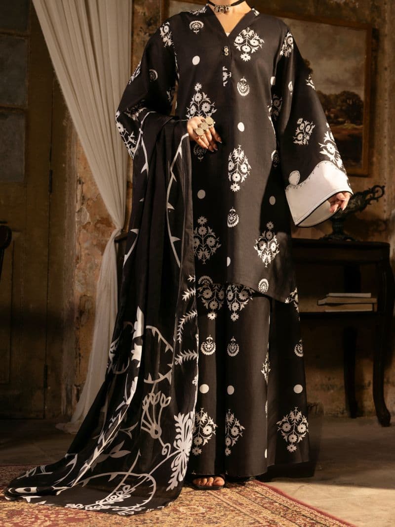 Black Cotton Lawn Unstitched 3PC