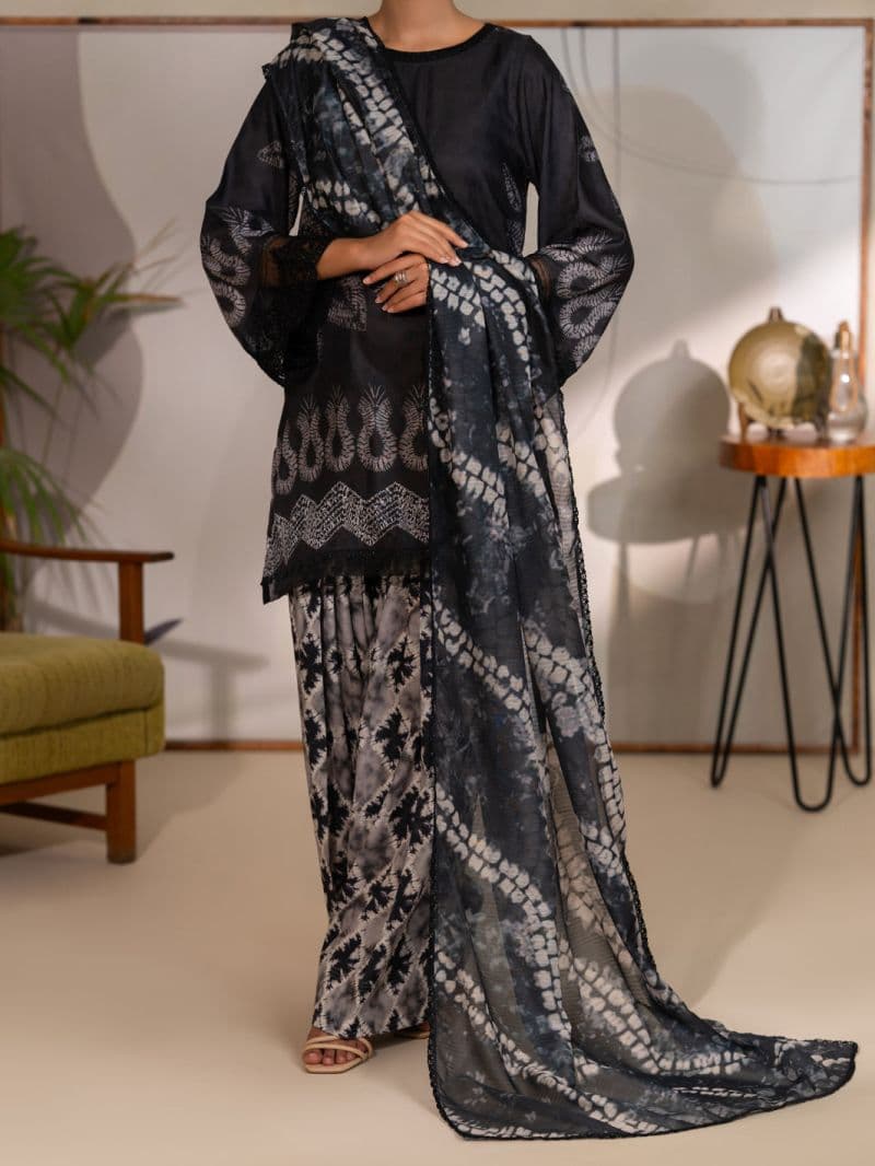 Black Swiss Jacquard Unstitched 3PC
