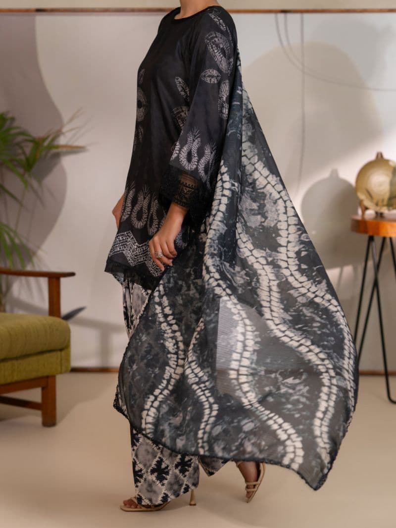 Black Swiss Jacquard Unstitched 3PC