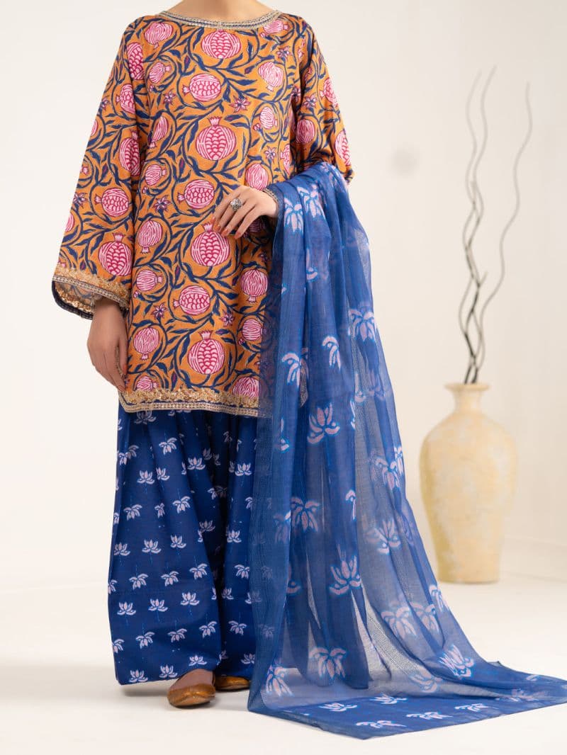 Mustard Blue Raw Silk 3Pc Unstitched