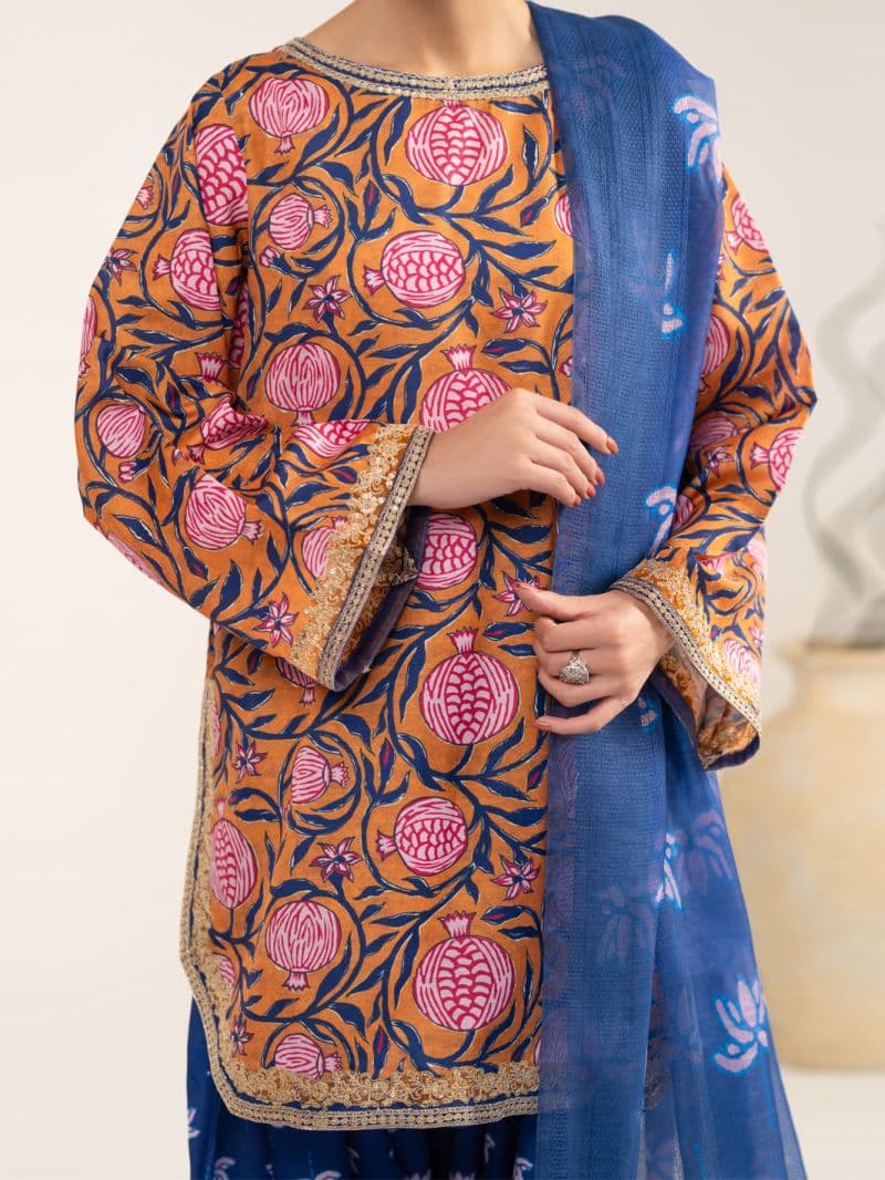 Mustard Blue Raw Silk 3Pc Unstitched