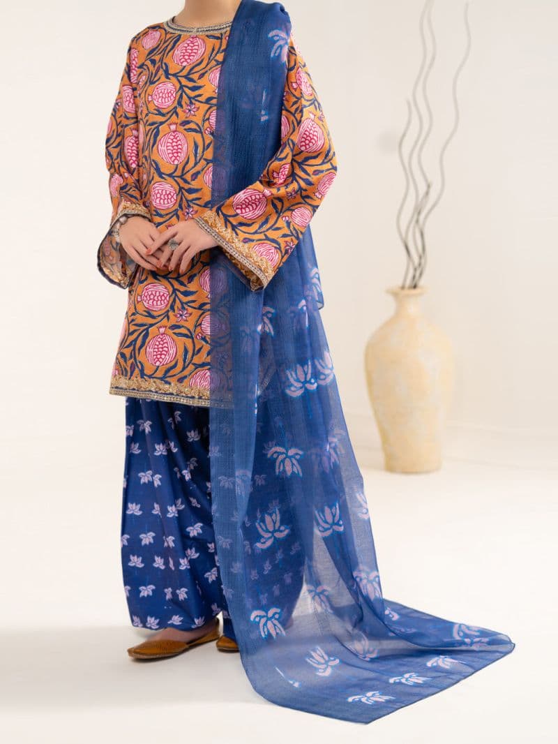 Mustard Blue Raw Silk 3Pc Unstitched