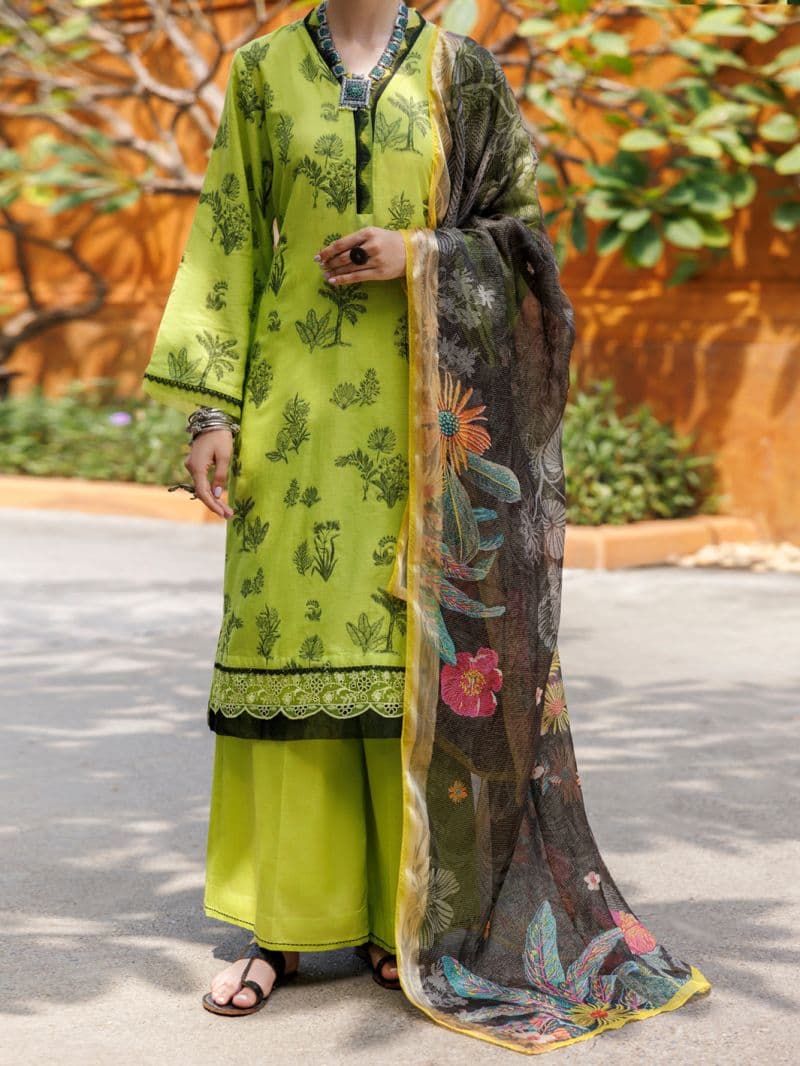 Lime Green Jacquard 3 Piece Unstitched