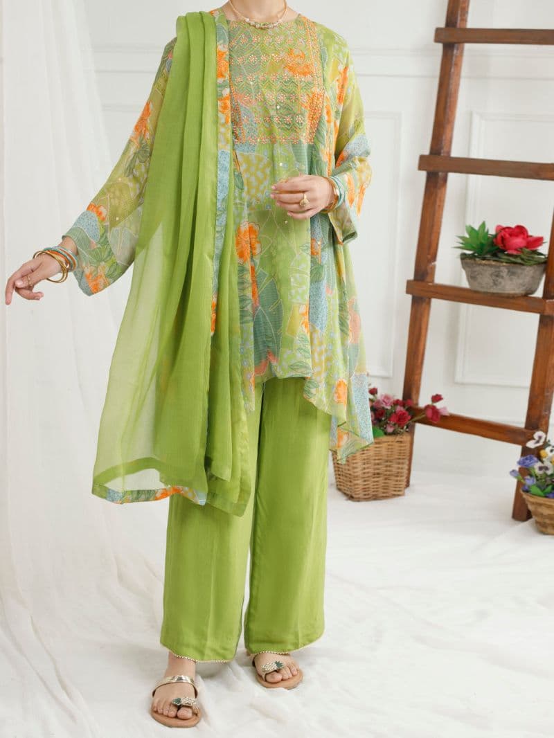 Light Green Georgette 3 Piece Stitched thumbnail