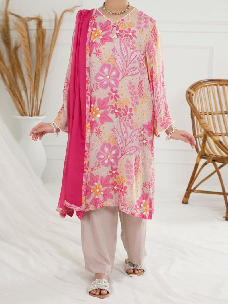 Pink Georgette 3 Piece Stitched thumbnail