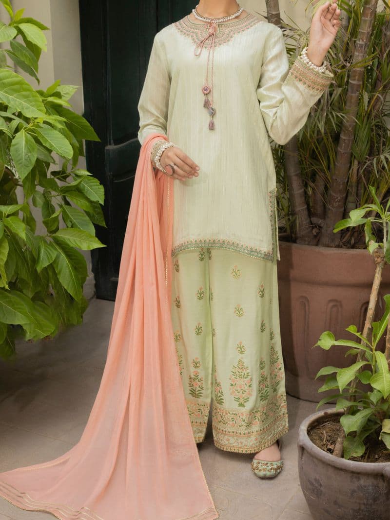Pistachio Green Lurex 3 Piece Stitched