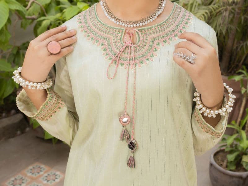 Pistachio Green Lurex 3 Piece Stitched