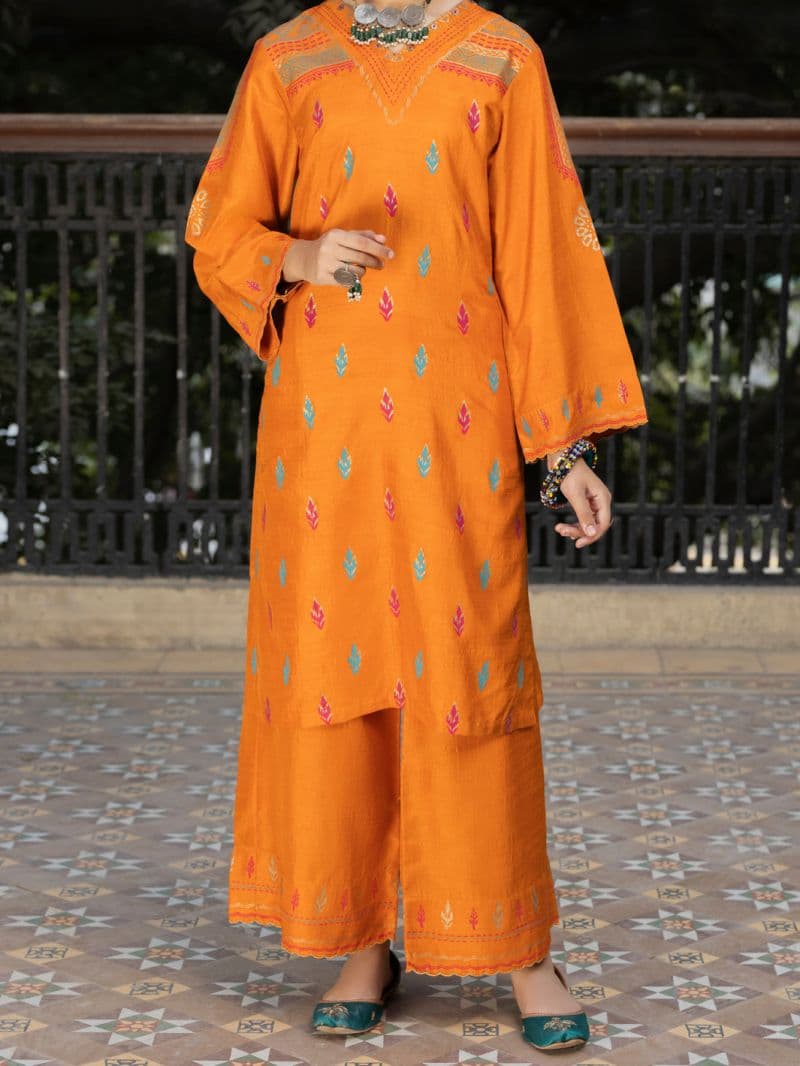 Orange Raw Silk 2 Piece Stitched thumbnail