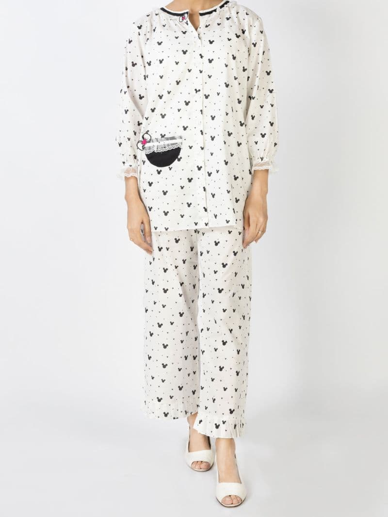 Black & White Cotton 2 Piece Stitched Nightwear thumbnail