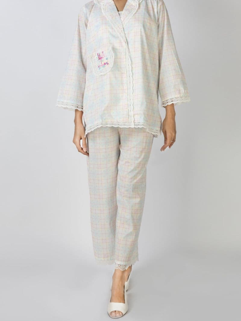 White Cotton 2 Piece Stitched Nightwear thumbnail