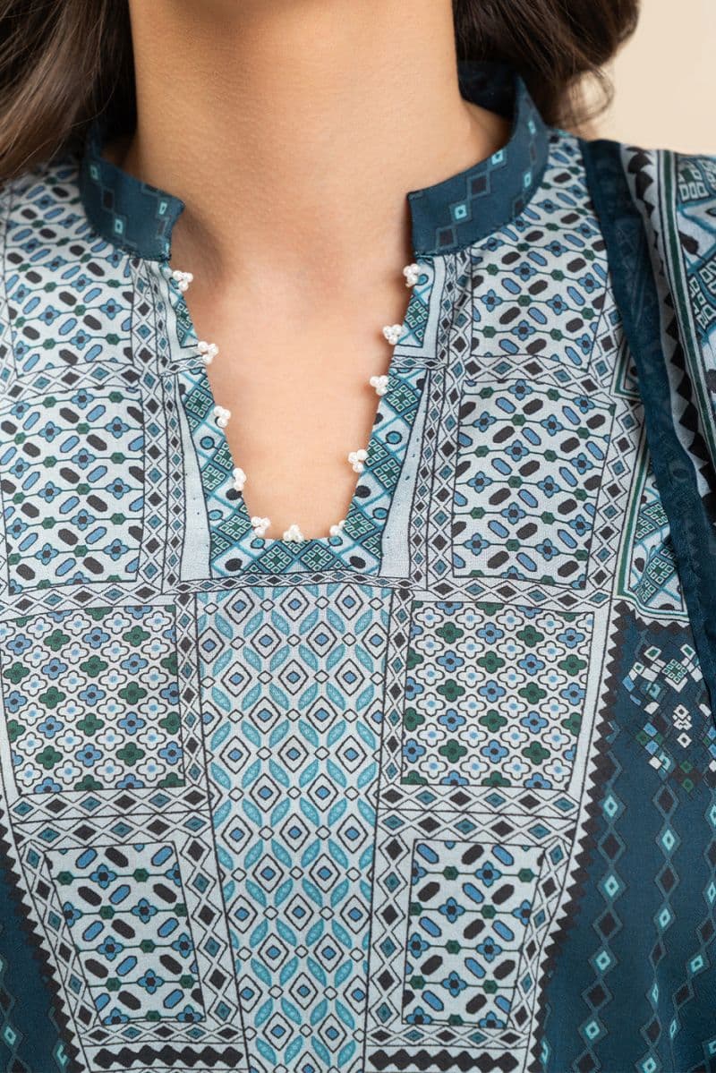 3 PIECE PRINTED LAWN SUIT-BLUE WARREN (UNSTITCHED)