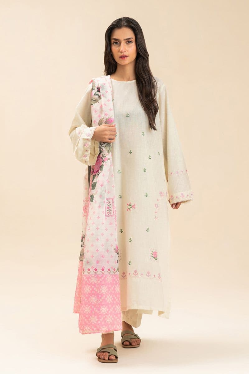 3 PIECE EMBROIDERED SLUB SUIT (PRET)