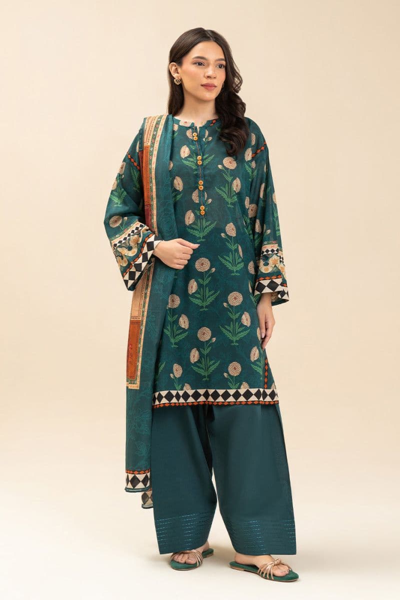 3 PIECE PRINTED LAWN SUIT-EMERALD SLATE (UNSTITCHED)