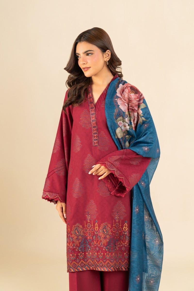 3 Piece Embroidered Reverse Jacquard Suit - Fuschia Dream Unstitched