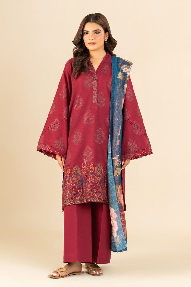 3 Piece Embroidered Reverse Jacquard Suit - Fuschia Dream Unstitched