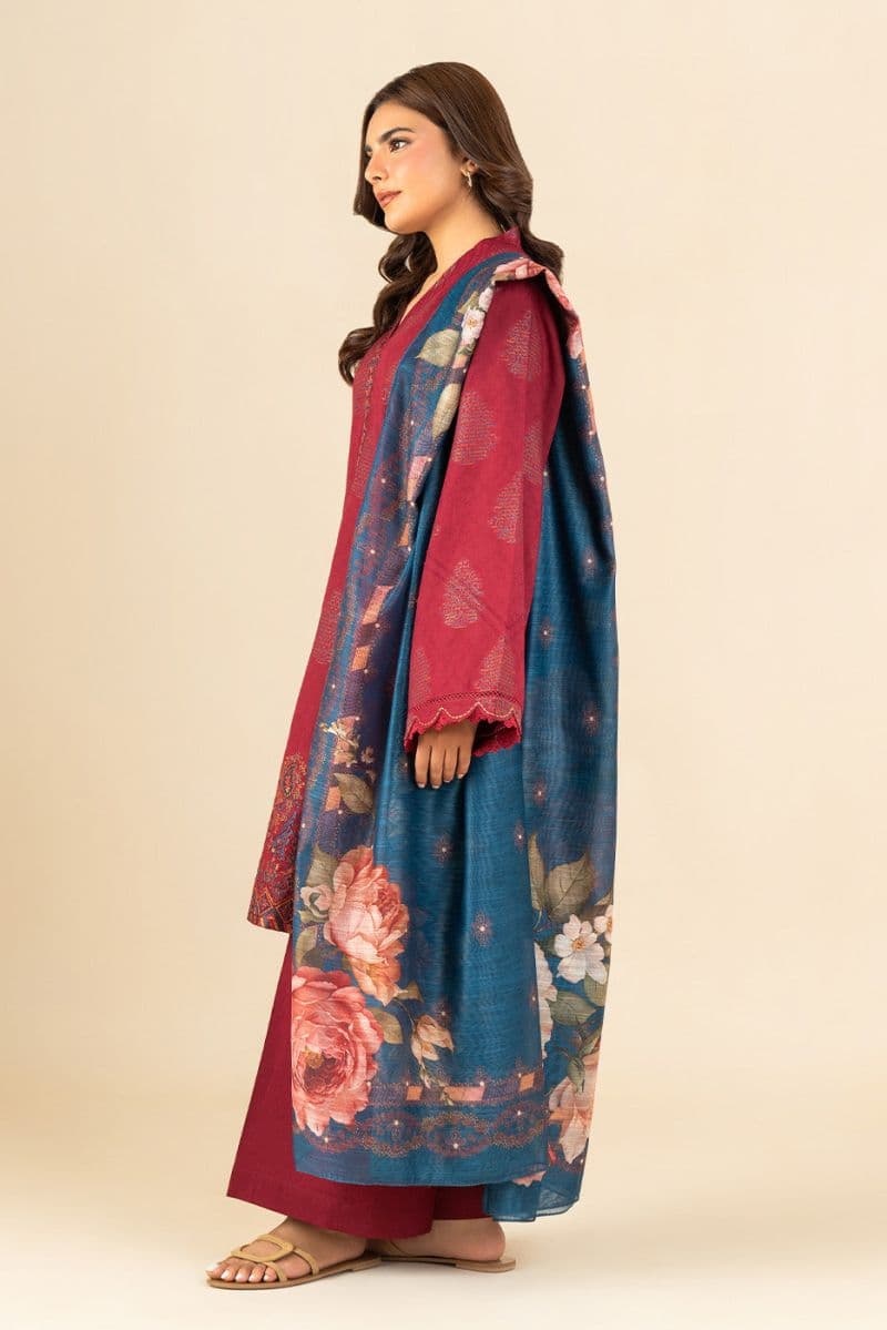 3 Piece Embroidered Reverse Jacquard Suit - Fuschia Dream Unstitched