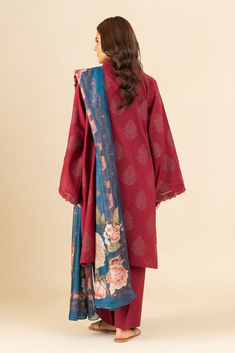 3 Piece Embroidered Reverse Jacquard Suit - Fuschia Dream Unstitched