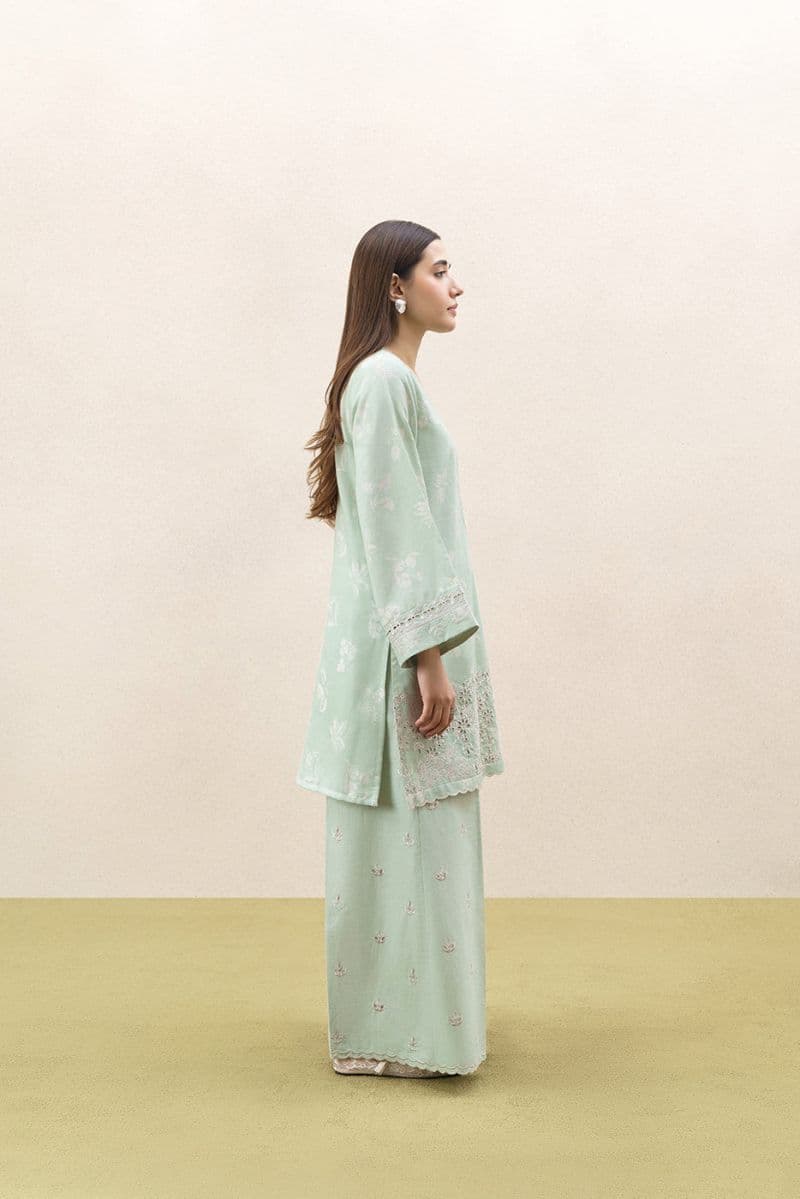 2 PIECE EMBROIDERED SELF JACQUARD SUIT-FROSTED MINT (UNSTITCHED) thumbnail