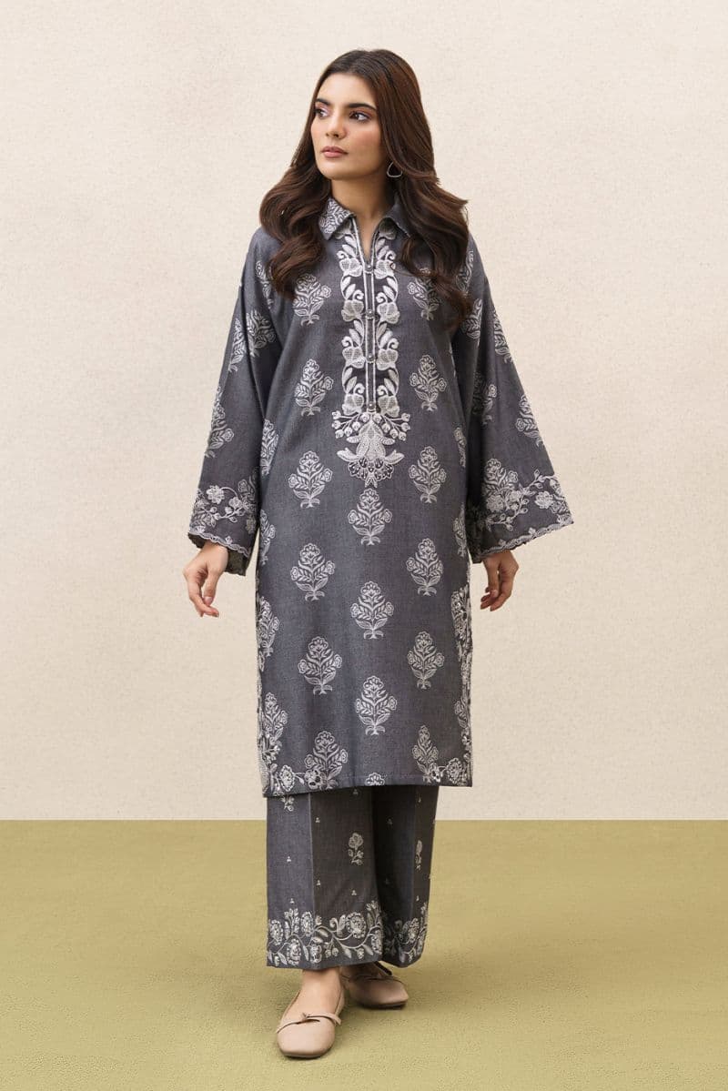2 PIECE EMBROIDERED YARN DYED JACQUARD SUIT-TAUPE GRAY (UNSTITCHED) thumbnail
