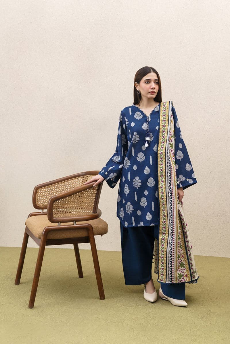 3 PIECE PRINTED KHADDAR SUIT-ROYAL AMBER (UNSTITCHED) thumbnail