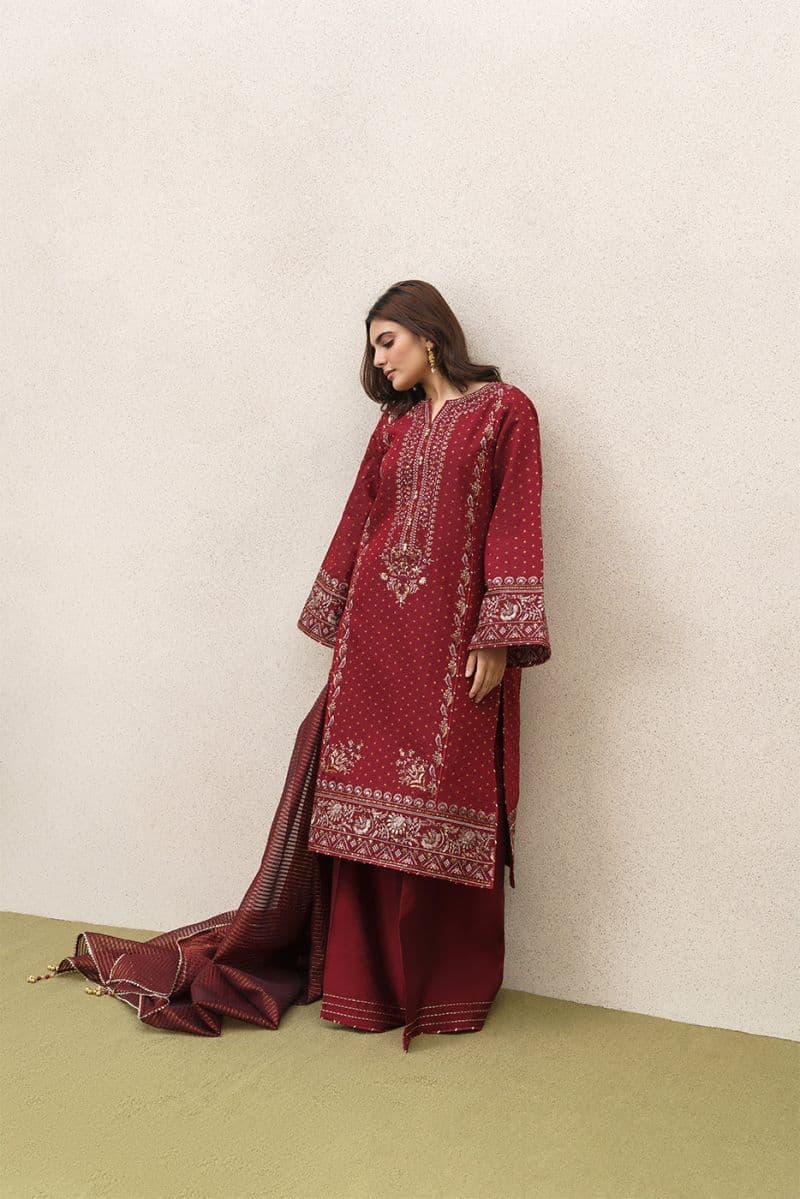 3 PIECE EMBROIDERED YARN DYED JACQUARD SUIT-SCARLET EMBER (UNSTITCHED) thumbnail