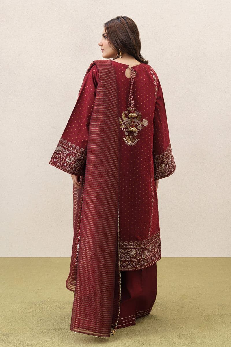3 PIECE EMBROIDERED YARN DYED JACQUARD SUIT-SCARLET EMBER (UNSTITCHED) thumbnail