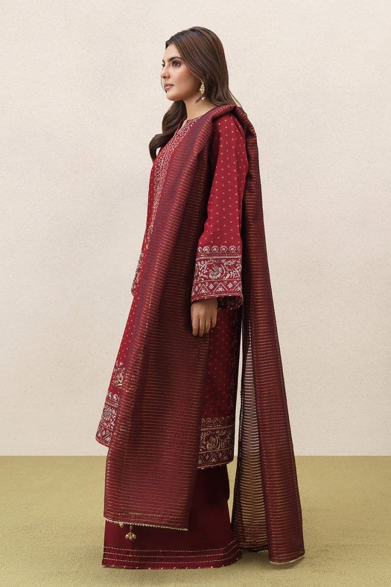 3 PIECE EMBROIDERED YARN DYED JACQUARD SUIT-SCARLET EMBER (UNSTITCHED) thumbnail