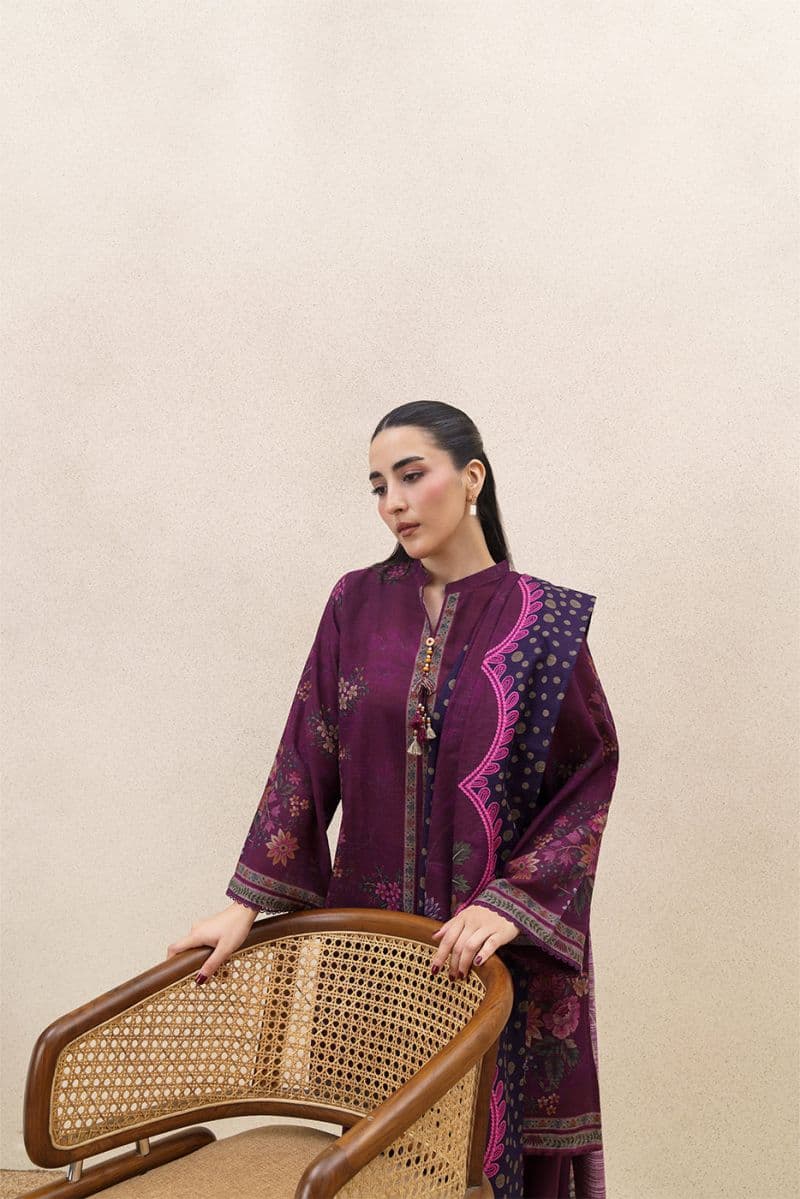 3 PIECE PRINTED SLUB KHADDAR SUIT-PLUM FLORET ( UNSTITCHED ) thumbnail