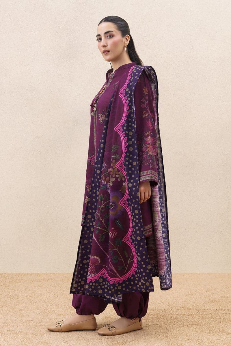3 PIECE PRINTED SLUB KHADDAR SUIT-PLUM FLORET ( UNSTITCHED ) thumbnail