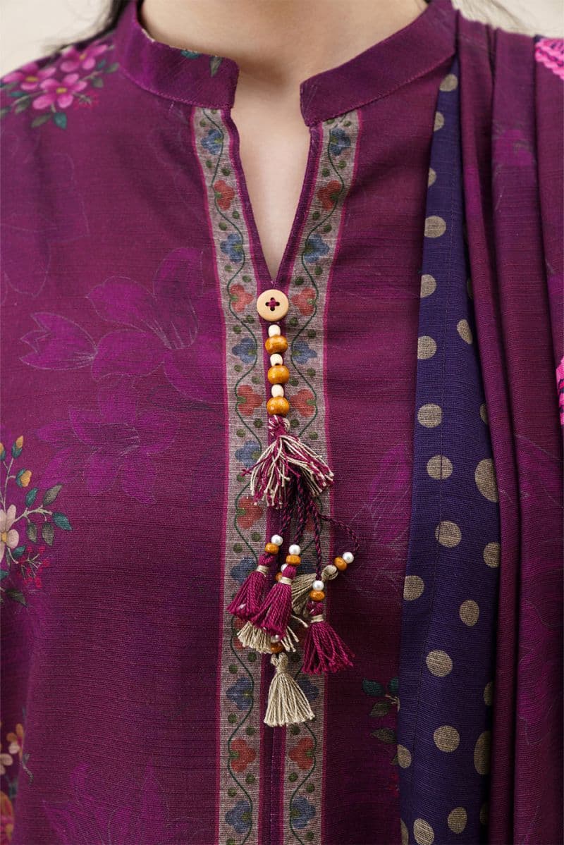 3 PIECE PRINTED SLUB KHADDAR SUIT-PLUM FLORET ( UNSTITCHED ) thumbnail