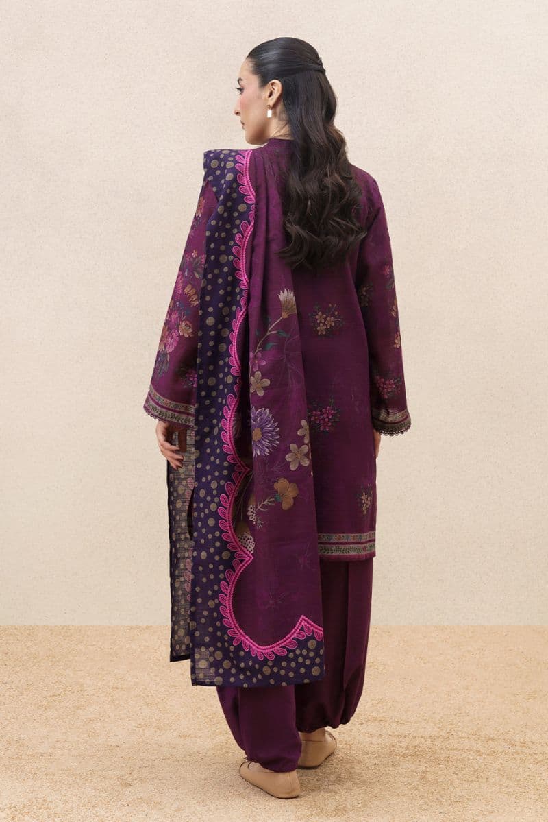 3 PIECE PRINTED SLUB KHADDAR SUIT-PLUM FLORET ( UNSTITCHED ) thumbnail