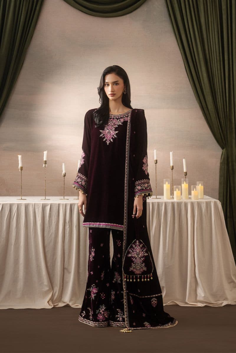 3 PIECE EMBROIDERED VELVET SUIT-DEEP INFERNO ( LUXURY UNSTITCHED ) thumbnail