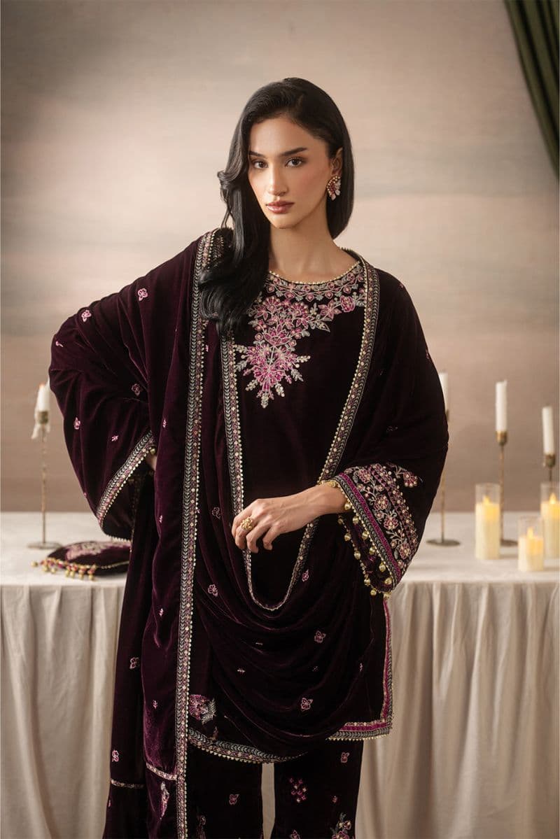 3 PIECE EMBROIDERED VELVET SUIT-DEEP INFERNO ( LUXURY UNSTITCHED ) thumbnail
