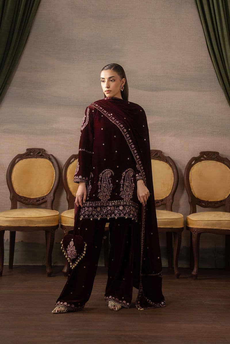 3 PIECE EMBROIDERED VELVET SUIT-FAUX FEMME ( LUXURY UNSTITCHED )