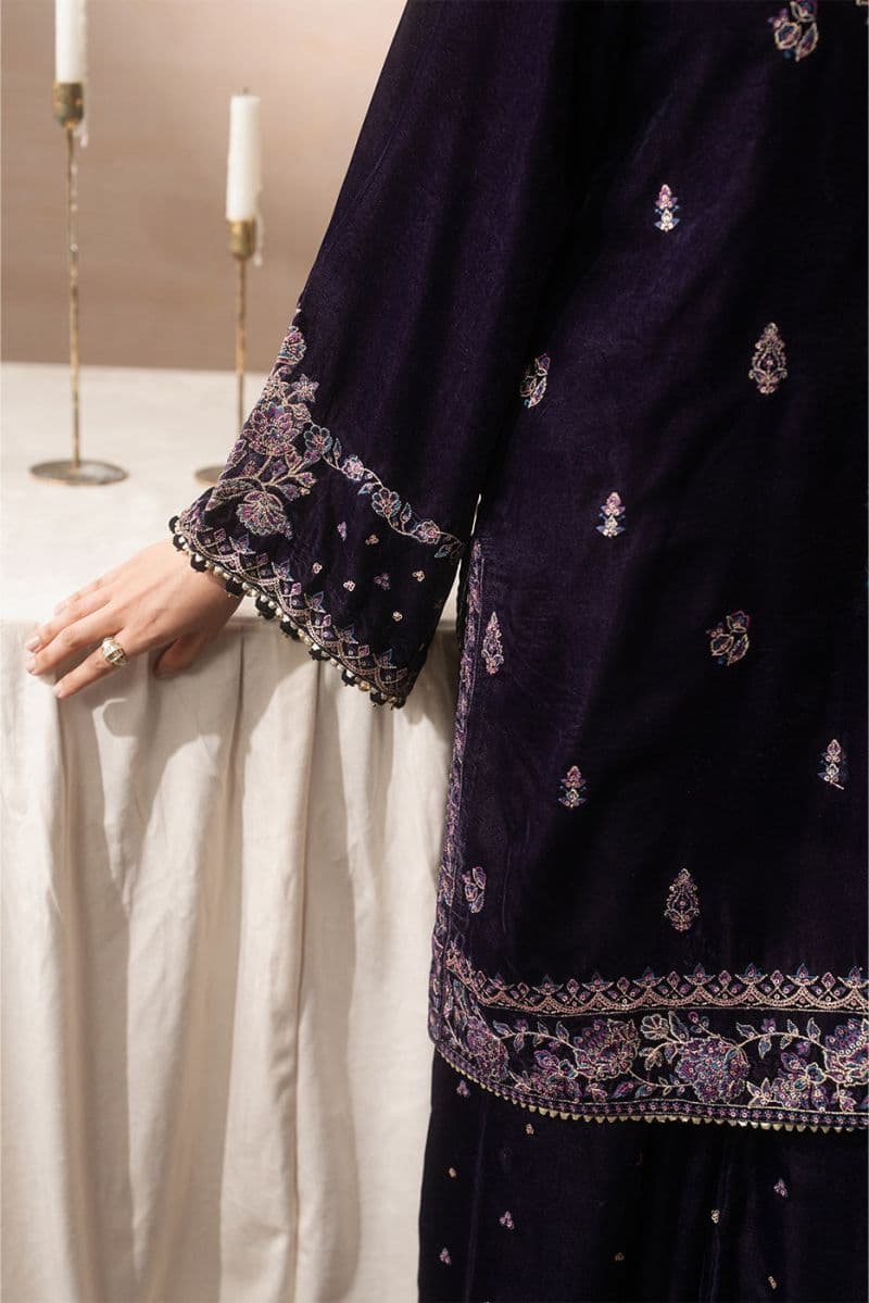 3 PIECE EMBROIDERED VELVET SUIT-MULBERRY DUSK ( LUXURY UNSTITCHED )