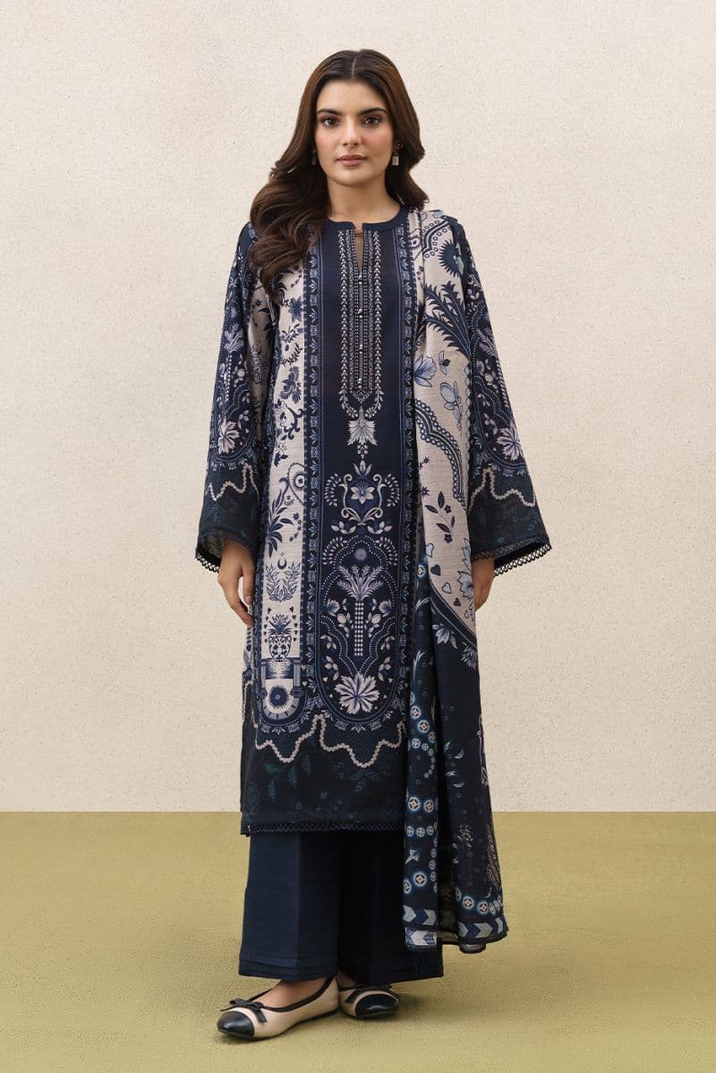 3 PIECE PRINTEDED SLUB KHADDAR SUIT-MYSTIC BLUE (UNSTITCHED) thumbnail