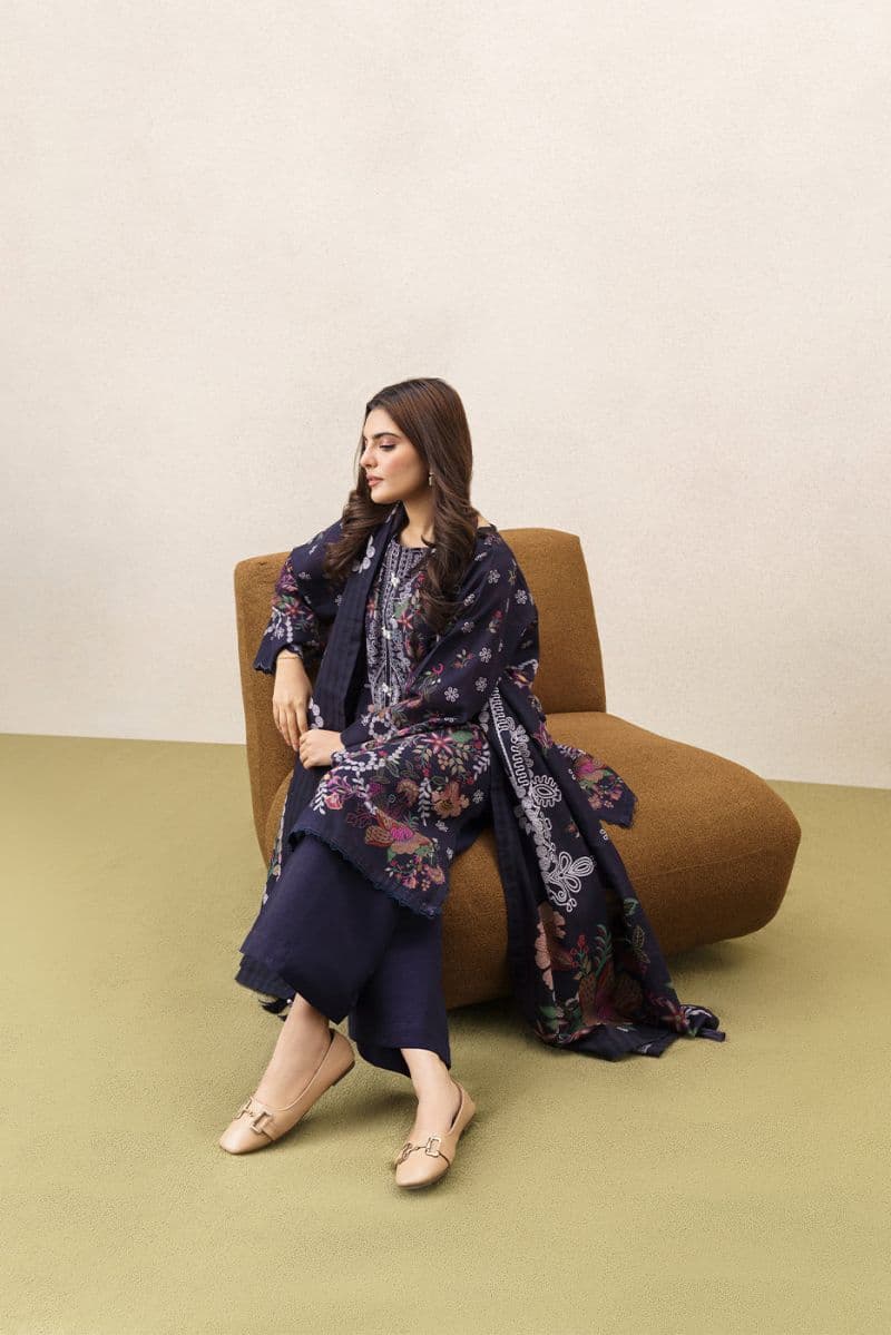 3 PIECE PRINTEDED SLUB KHADDAR SUIT-MIDNIGHT BLOOM (UNSTITCHED) thumbnail