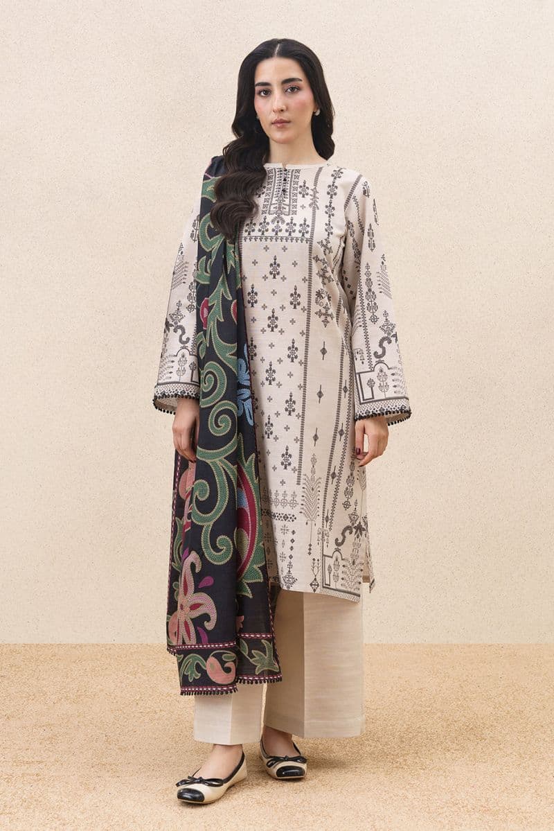 3 PIECE PRINTED SLUB KHADDAR SUIT-WHISPERING FLORALS ( UNSTITCHED ) thumbnail