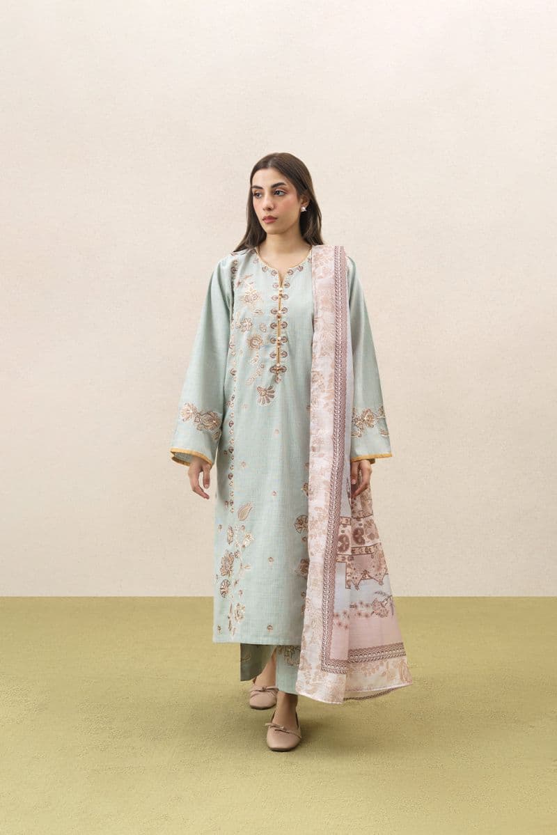 3 PIECE EMBROIDERED SLUB SUIT (PRET) thumbnail