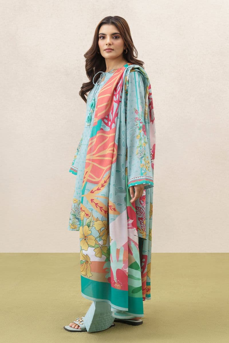 3 PIECE PRINTED LAWN SUIT-AQUA BREEZE (UNSTITCHED) thumbnail