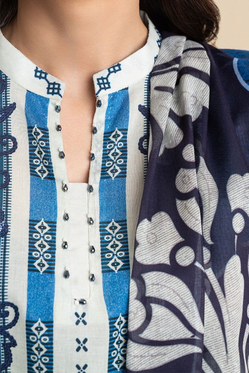 3 PICE PRINTED LAWN SUIT-MAGICIANS BLUE (UNSTITCHED) thumbnail