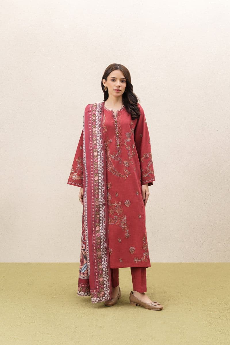 3 PIECE EMBROIDERED SLUB SUIT (PRET)