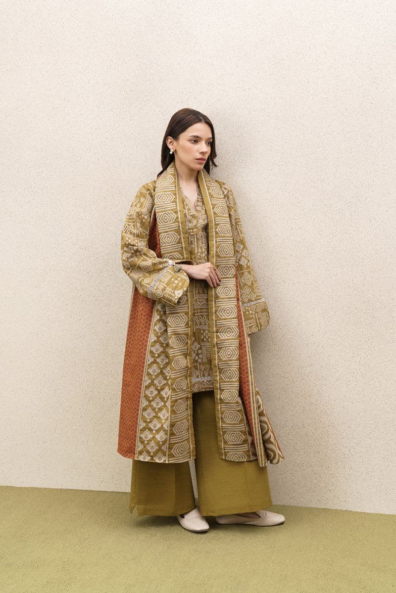 3 PIECE PRINTED KHADDAR SUIT-BURNT UMBER (UNSTITCHED) thumbnail