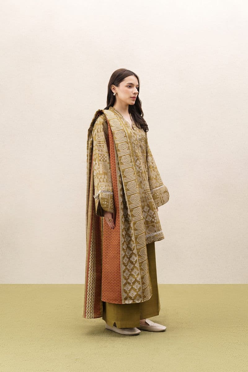 3 PIECE PRINTED KHADDAR SUIT-BURNT UMBER (UNSTITCHED) thumbnail