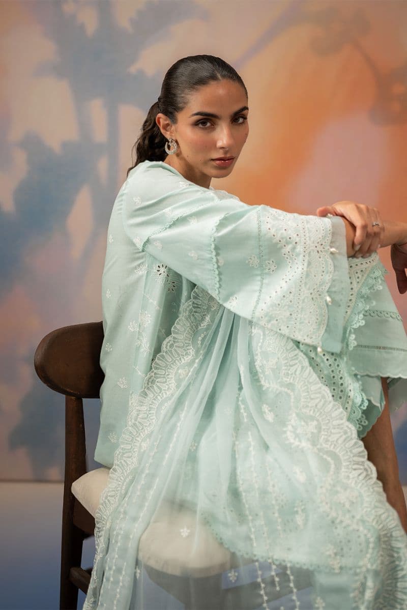 3 PIECE EMBROIDERED CHIKANKARI SUIT WITH BAMBER DUPATTA-AZURE MIST (UNSTITCHED) thumbnail