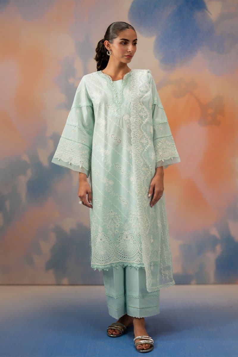 3 PIECE EMBROIDERED CHIKANKARI SUIT WITH BAMBER DUPATTA-AZURE MIST (UNSTITCHED) thumbnail