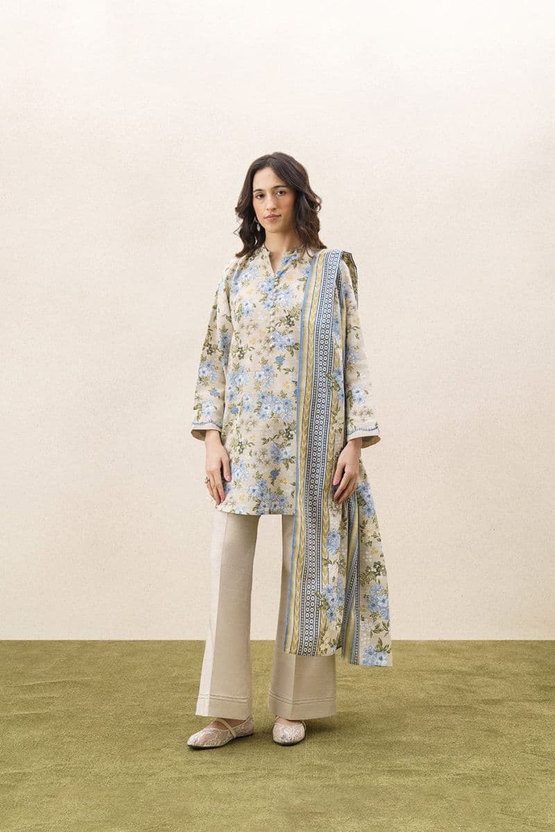 3 Piece Printed Khaddar Suit - Aqua Essence Unstitched