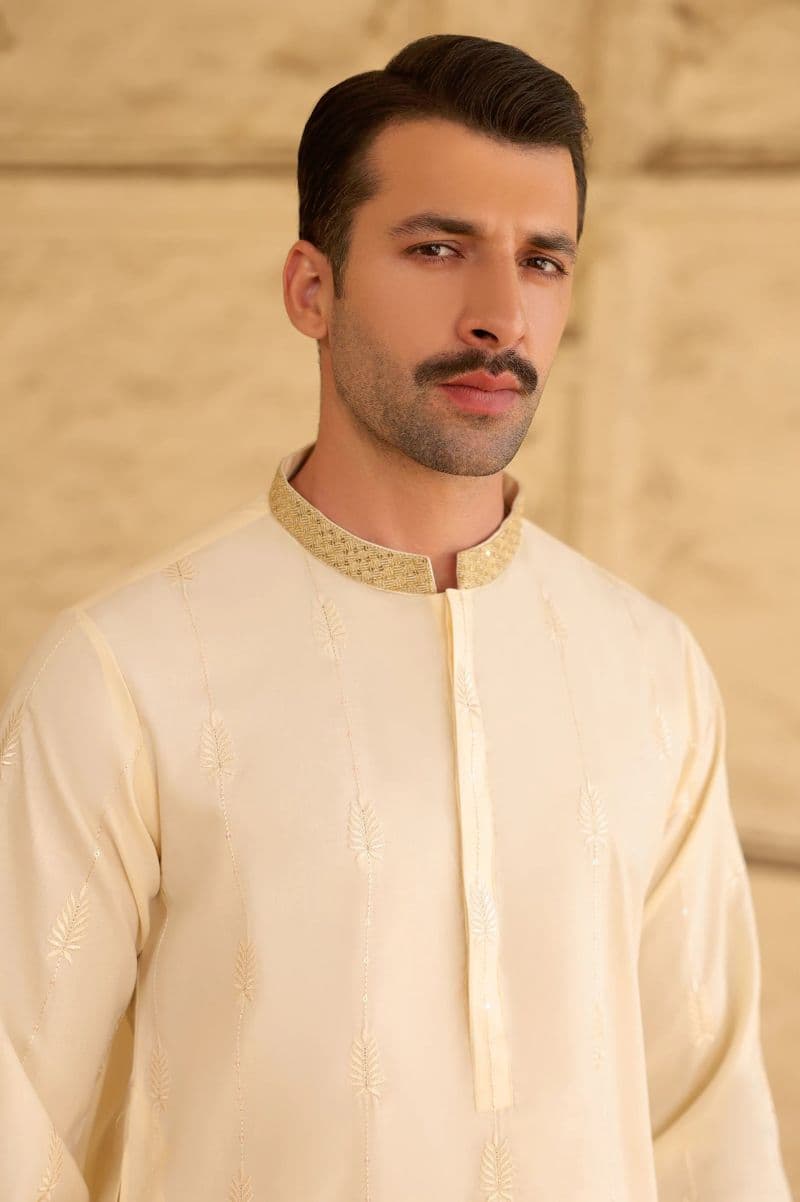 Cream Wash & Wear Kurta Pajama (TASSAVUR)