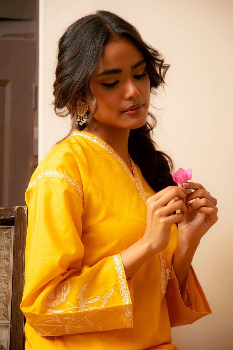 Embroidered Cotton Jacquard-Yellow Kurti