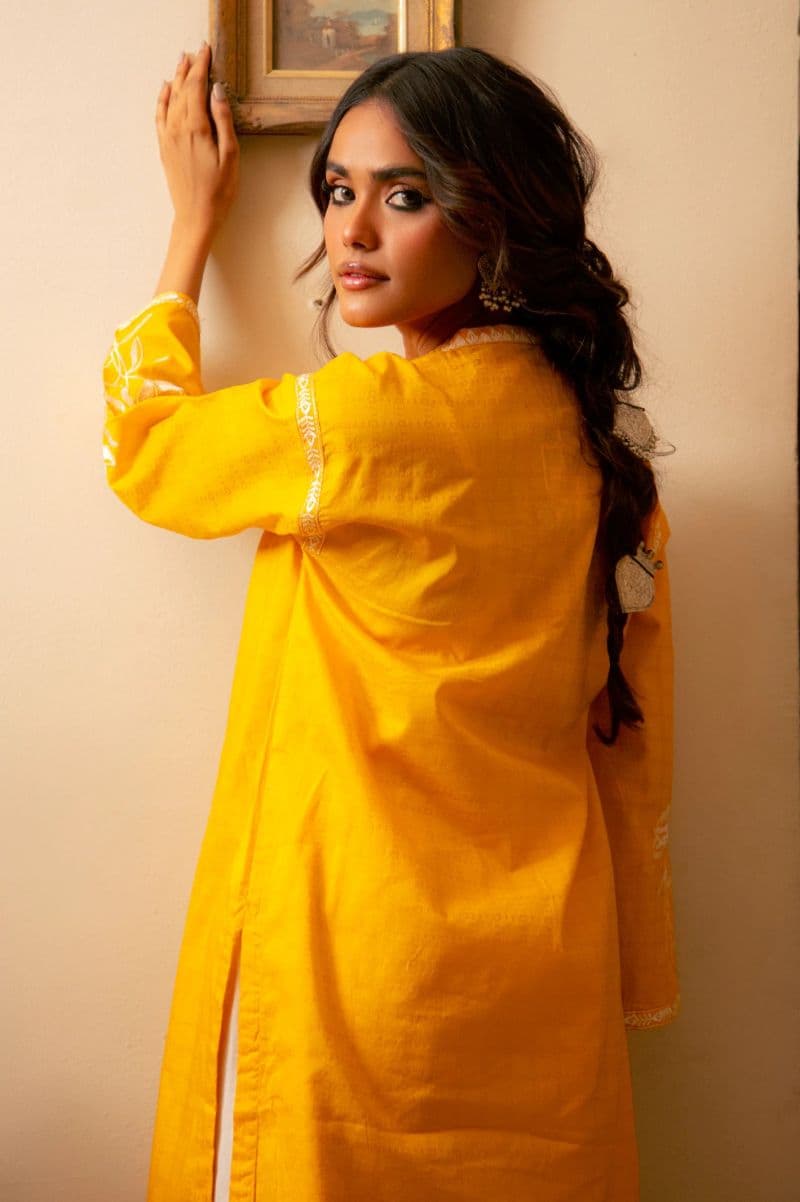 Embroidered Cotton Jacquard-Yellow Kurti